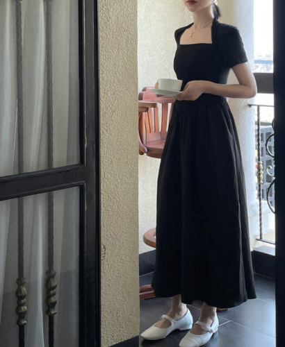 Real shot of French square neck high waist black dress with short sleeves and long skirt