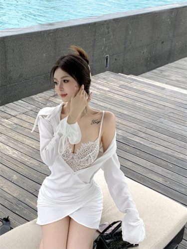 Actual shot of new sexy lace suspender sunscreen long-sleeved shirt dress suit