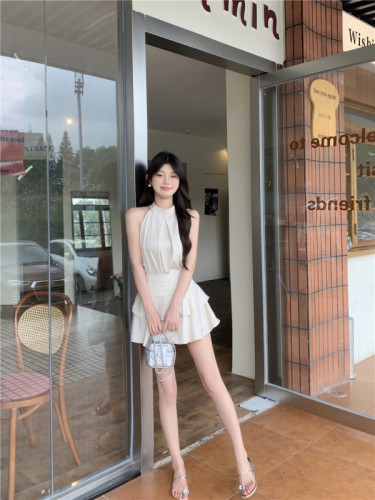 Actual shot of new summer Korean style satin sleeveless top + ruffled high waist skirt suit