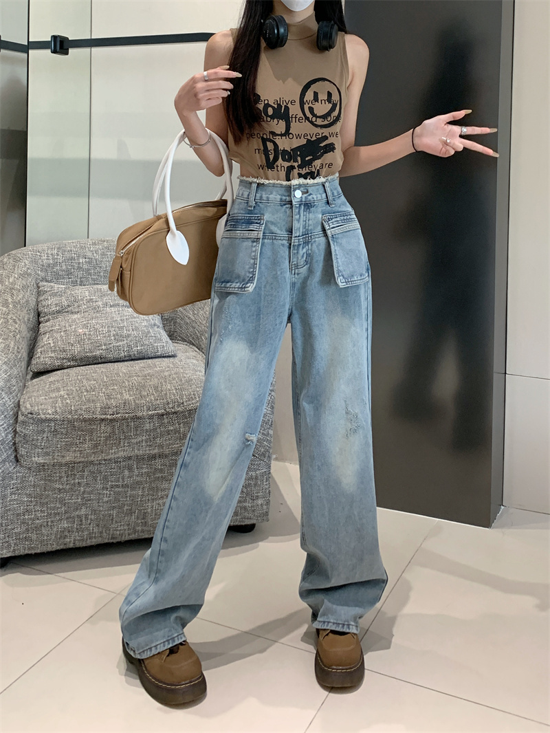 實拍復古垂感牛仔褲女春夏款設計感高腰辣妹小個子寬鬆直筒闊腿褲