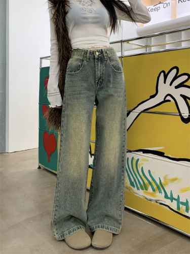 Actual shot ~ New high-waisted retro blue nostalgic washed straight jeans loose drape floor mopping pants