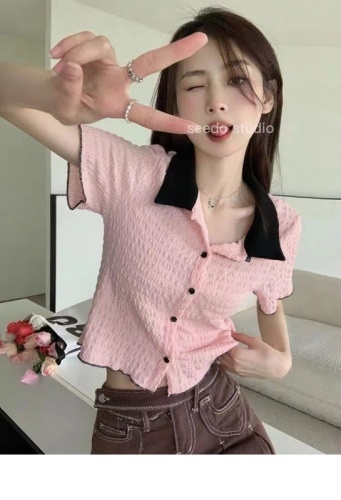 Summer new Korean fashion suit collar color matching versatile short-sleeved cardigan top for women