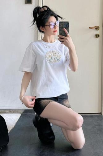 Real shot 2024 free size plus size fat MM summer style Korean Dongdaemun Internet celebrity GLYP Chinese style short-sleeved T-shirt for women