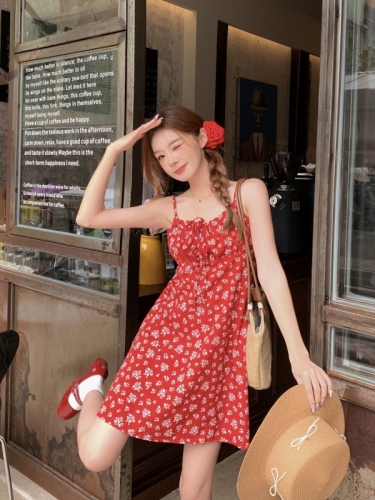 Real shot French retro slim red floral suspender dress for women