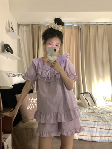 Real shot of Korean style cotton jacquard sweet palace style loose and comfortable summer short-sleeved home clothes suit that can be worn outside