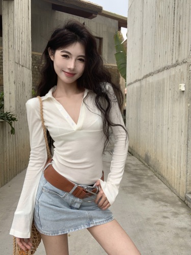 Real shot Korean style solid color lapel bottoming shirt long sleeve sun protection T-shirt top