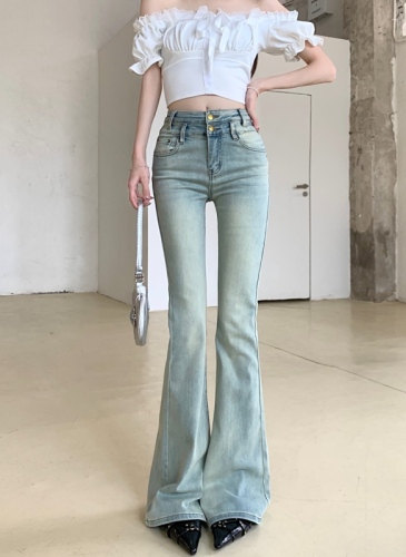 Actual shot of high-waisted stretchy versatile bootcut jeans