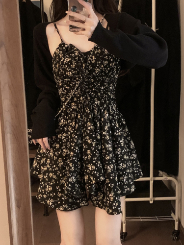 Actual shot ~ Korean style waist slimming black floral irregular dress knitted waistcoat cardigan two-piece set