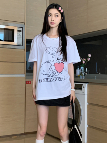 Real shot of summer clothing Internet celebrity pure lust style Korean rabbit print loose and versatile short-sleeved T-shirt top for women