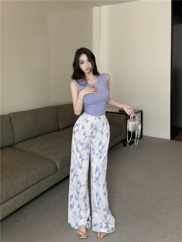Real shot!  Ink print casual pants loose straight trousers drapey wide leg floor mopping pants