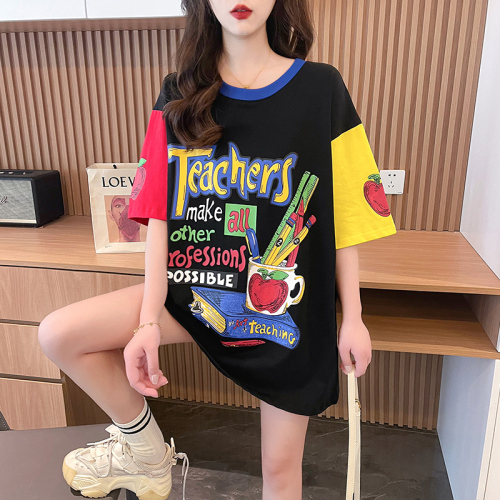 Actual shot of pure cotton 200g back collar mid-length contrasting color round neck short-sleeved T-shirt women's loose large size summer top