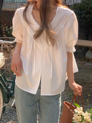 Korean chic spring temperament lace single-breasted ribbon shirt puff short-sleeved shirt