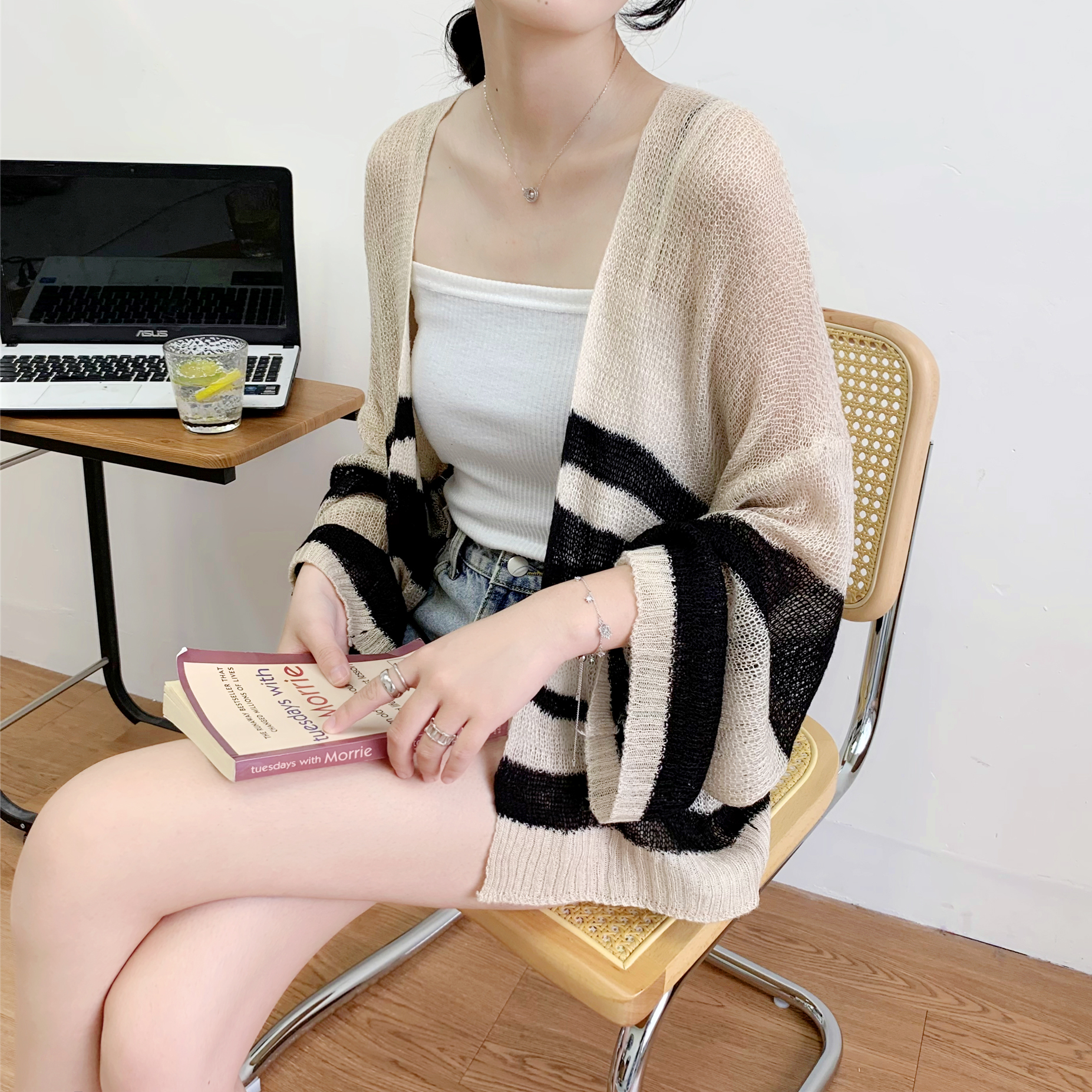 2024拼色新款韓版馬海毛防嗮衣長袖寬鬆條紋針織衫開衫女上衣外套