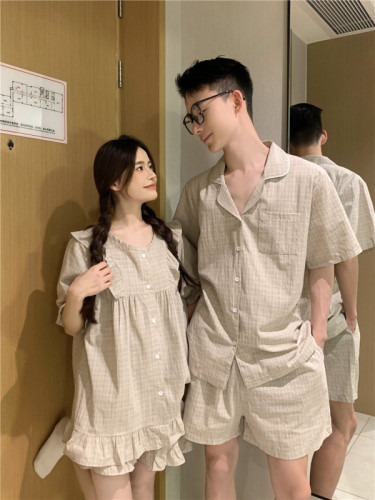 Real shot of Korean style couple simple loose plaid sweet lace summer outer wear short-sleeved shorts home clothes set