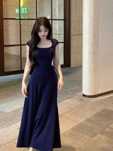 新款韩系a字裙子修身显瘦方领蓝色连衣裙女夏季法式气质短袖长裙