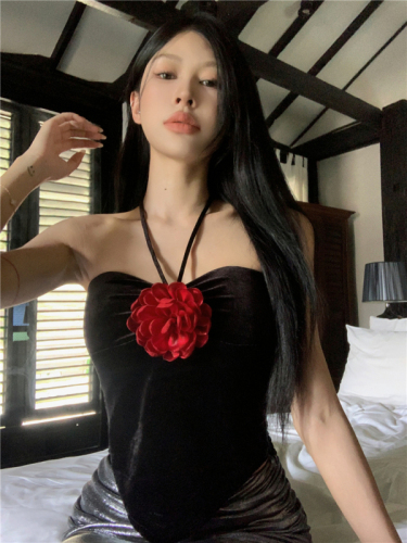 Real shot of velvet three-dimensional flower tube top halter neck camisole female pure desire slim hot girl top