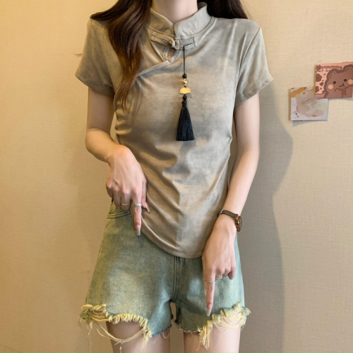 Real shot of large size women's new national style design short-sleeved T-shirt women's new Chinese style summer new slim fit top