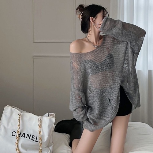 Knitted sweater sun protection blouse women's summer loose lazy style drape hollow thin sweater high-end top
