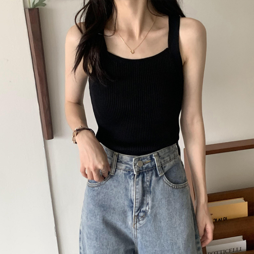 Real shot of summer Korean style solid color short inner vest sweater women's bottoming shirt student small suspender top wear outside