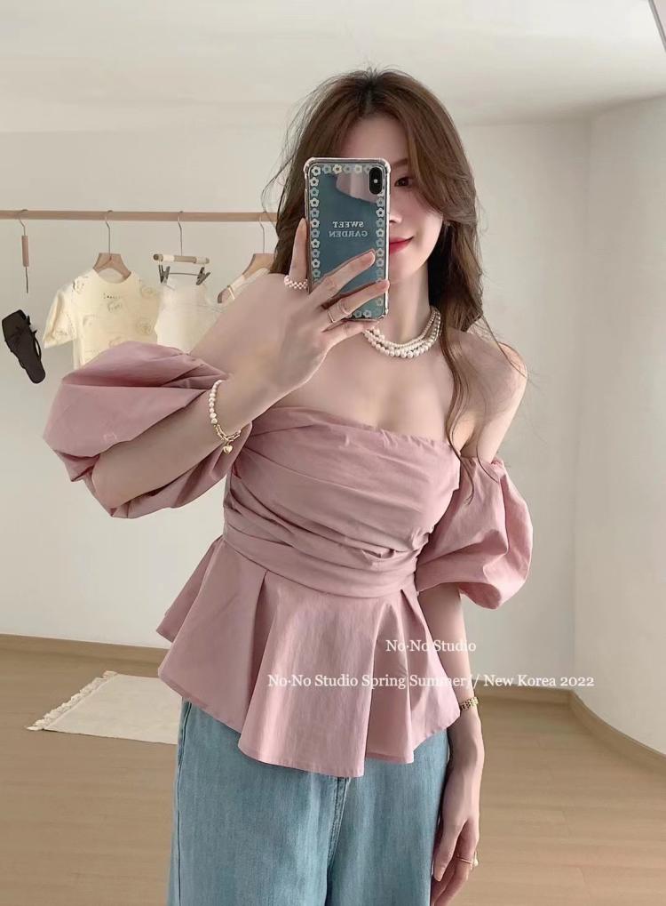 氣質款純欲辣妹一字肩襯衫女設計高級感小眾法式抹胸泡泡袖上衣夏