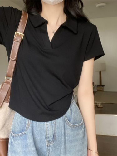 Irregular polo collar shoulder T-shirt women's summer design niche short-sleeved slim short bottoming top