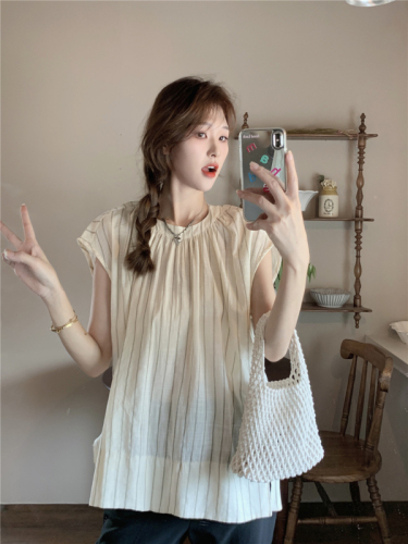 Real shot Korean style simple lazy style striped vest top short sleeves