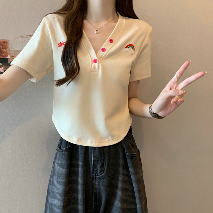 實拍v領正肩短袖t恤女夏季設計感大碼顯瘦高級感別致甜辣短款
