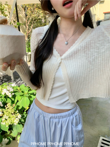 Long-sleeved knitted cardigan T-shirt women's summer ice silk thin discreet sun protection blouse outer top