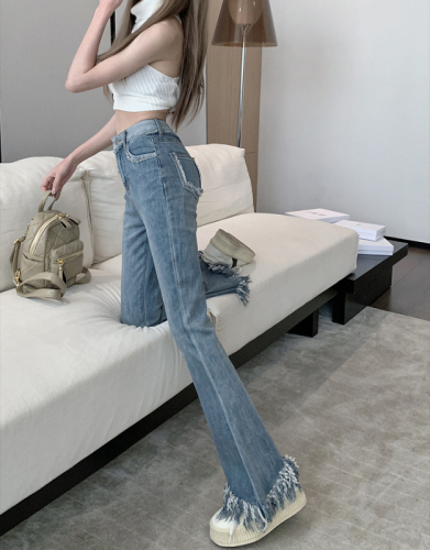 Blue fringed bootcut jeans for women, spring and autumn new style, high-waisted, slim-fitting, stretchy, wide-leg pants