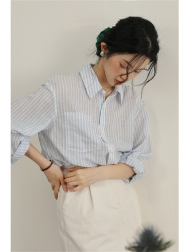 French blue striped sun protection shirt jacket for women summer thin long-sleeved cotton and linen shirt high-end cardigan top