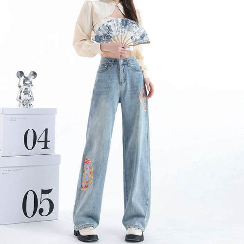 National style embroidery new Chinese style wide leg jeans for women spring high waist loose light color large size narrow straight pants ins