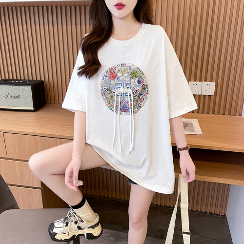 Actual shot of pure cotton 200 grams, back collar, mid-length Chinese style embroidered short-sleeved T-shirt for women, loose summer top