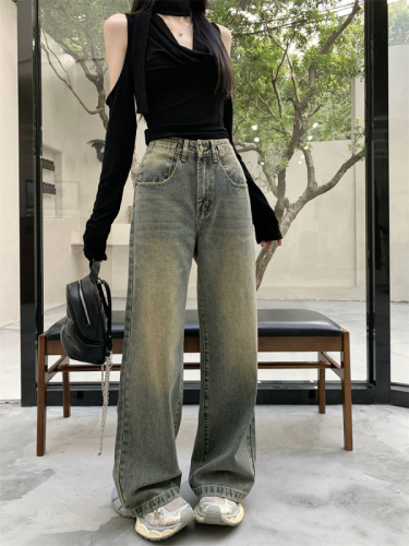 Actual shot ~ New high-waisted retro blue nostalgic washed straight jeans loose drape floor mopping pants