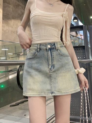 Actual shot #High-waisted denim half-length culottes for women, anti-exposure design, heart-shaped embroidered back pockets, a-line short skirt