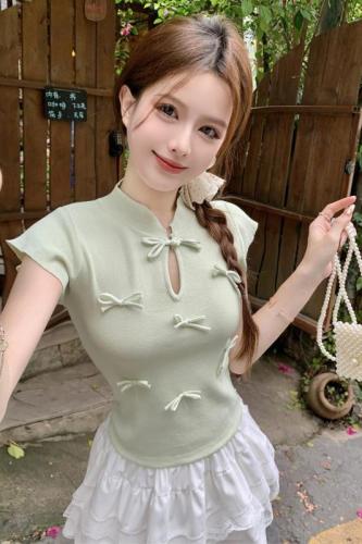 实拍 夏季新款中国风改良潮流蝴蝶结多巴胺颜色短款短袖T恤女装