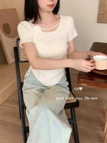 Rose flower ribbon drawstring pleated short-sleeved T-shirt for women 2024 summer slimming and stylish waist knitted top