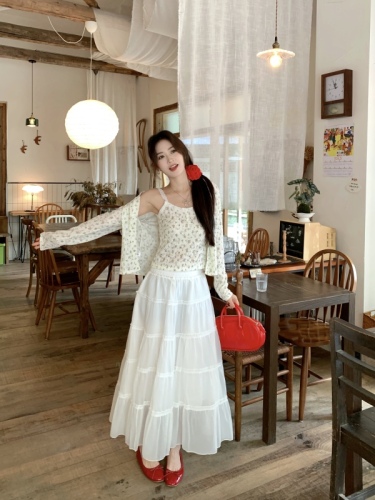 Real shot of pastoral style first love suit for women in spring small floral camisole long-sleeved cardigan chiffon skirt