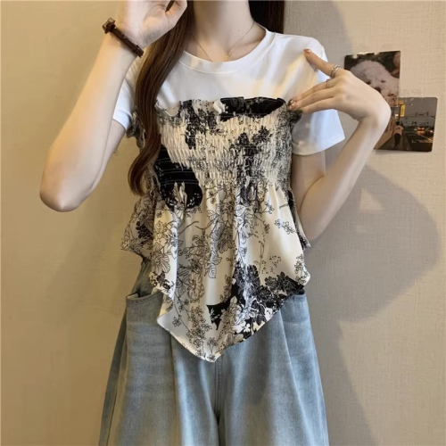 Original workmanship new summer style 2024 plus size women's French casual irregular shoulder short-sleeved versatile T-shirt