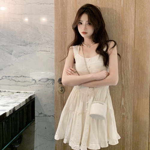 Summer white moonlight temperament sweet and gentle style suspender dress female slimming solid color skirt