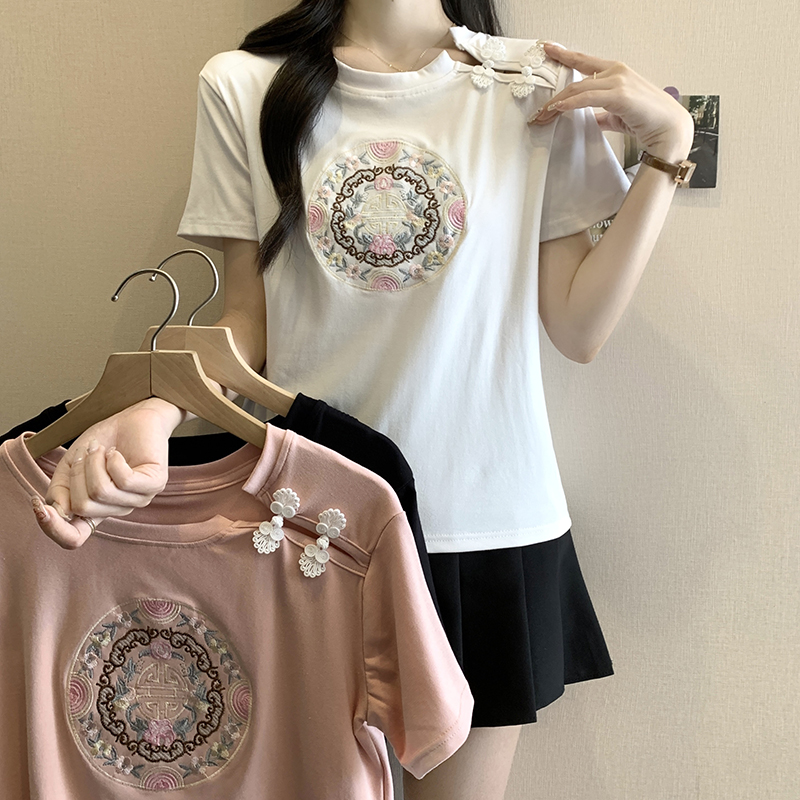 實拍大碼女裝新中式盤扣重工刺繡短袖T恤女夏修身顯瘦上衣女