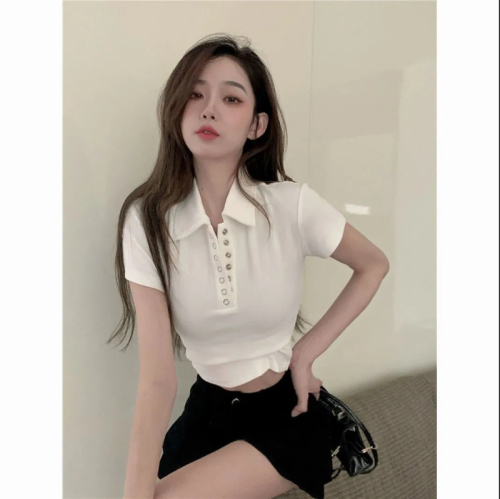 Short-sleeved right shoulder top 2024 summer new Korean style slim white hot girl BM style short POLO collar T-shirt for women