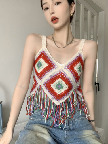 Real shot Summer pure lust style rhombus crochet hollow fringed camisole design hot girl tops for women