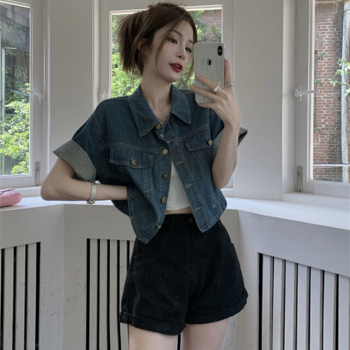 Summer new style large size fat mm retro Hong Kong style short-sleeved shirt denim loose short top S-5XL 200 pounds