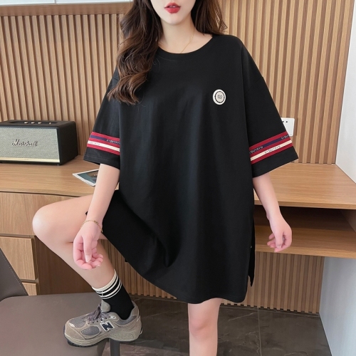 Actual shot of pure cotton 200 grams, back collar, mid-length contrasting color round neck short-sleeved T-shirt for women, loose summer top