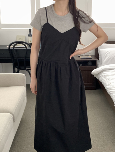 Korean chic summer washed cotton temperament suspender dress