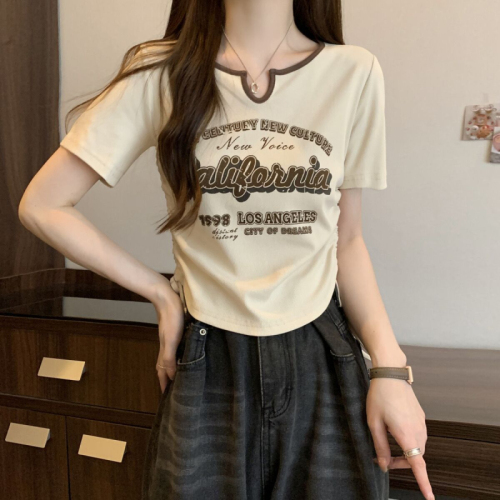 Short-sleeved t-shirt for women summer new style small short style American retro sweet hottie slim drawstring top