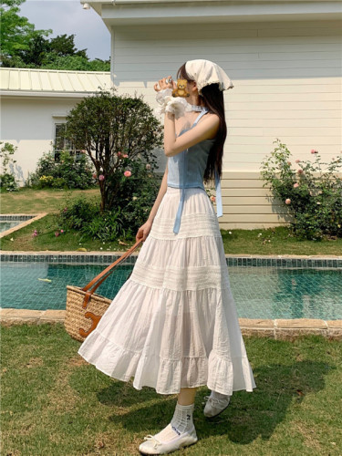Actual shot of 2024 spring and summer new style gentle style hollow stitching high waist temperament versatile solid color A-line skirt