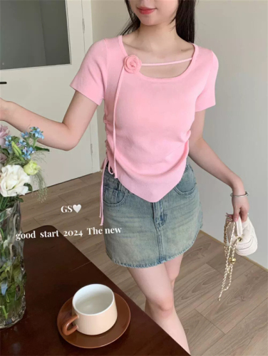 Rose flower ribbon drawstring pleated short-sleeved T-shirt for women 2024 summer slimming and stylish waist knitted top