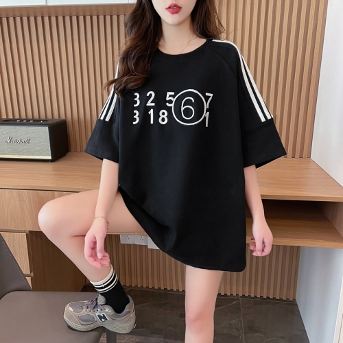 Actual shot of pure cotton 200 grams, back collar, mid-length embroidered round neck short-sleeved T-shirt for women, summer loose top