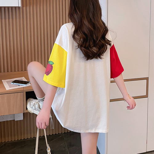 Actual shot of pure cotton 200g back collar mid-length contrasting color round neck short-sleeved T-shirt women's loose large size summer top